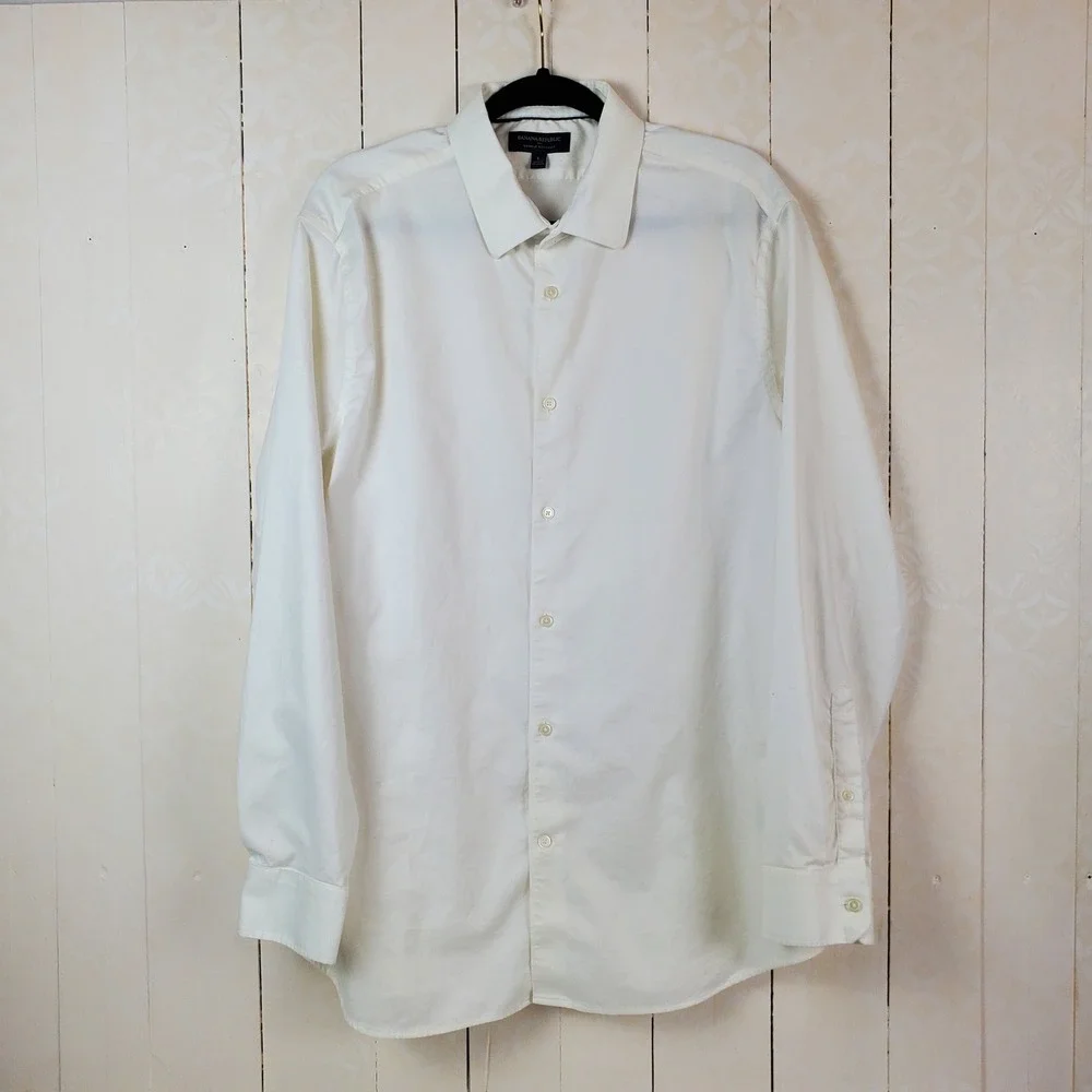 Banana Republic Mens Wrinkle Resistant Shirt Winter White Cream Large L Long Slv